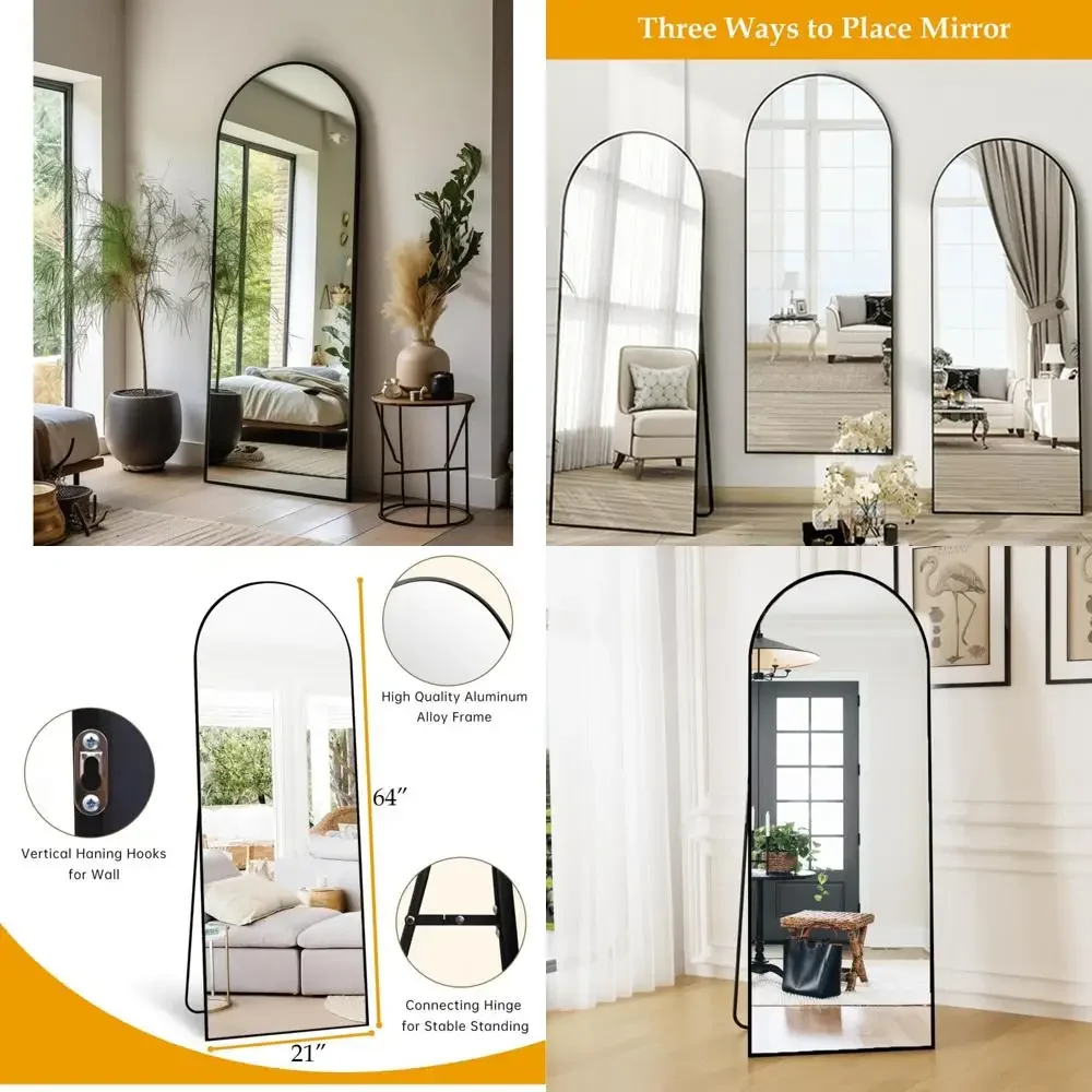 مرآة أرضية قائمة كبيرة مع حامل، مرايا كاملة الطول مقوسة لغرفة النوم، 64 × 21 بوصة، مثالية للتدلي أو التعليق، كاملة