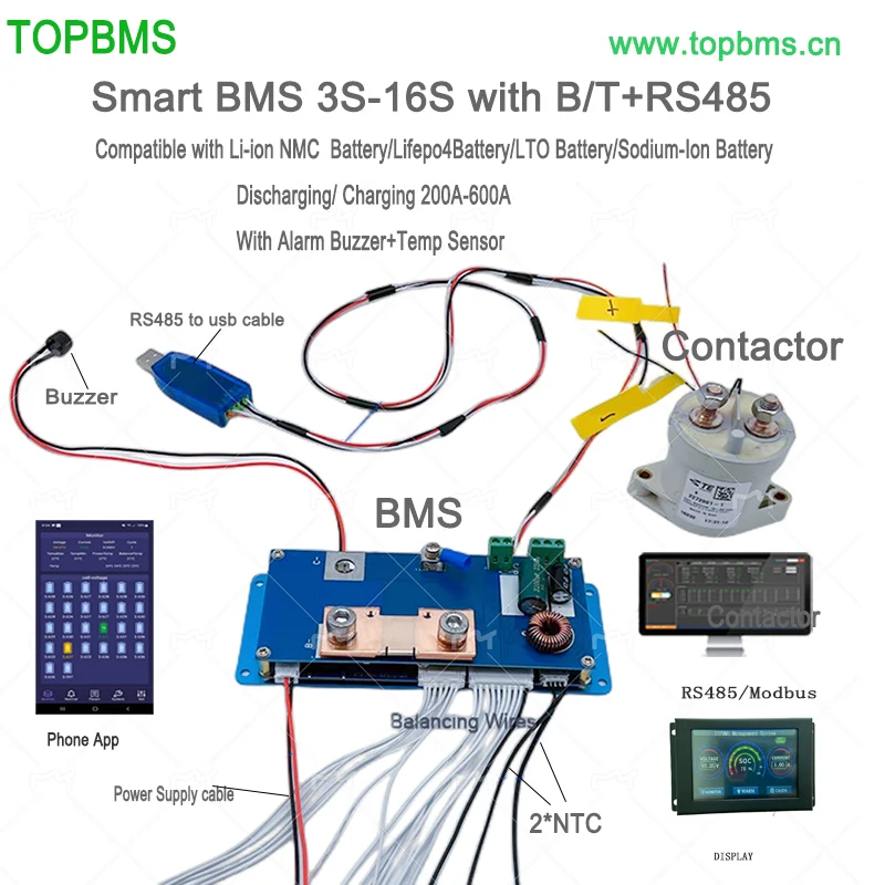 TOPBMS 3S-16S BMS 200A 300A 400A 500A 600A bluetooth RS485 wyświetlacz akumulator Lifepo4 litowo-jonowy Lifepo4 LTO Battery jonowe