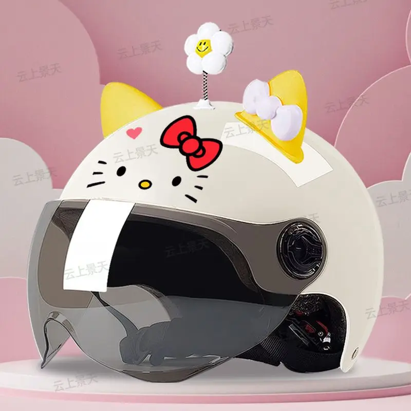 Kawaii Sanrios Hello Kitty Motorcycle Electric Bicycle Helmet with Smile Flower 3D Cat Bear Ear Women Motorbike Moto Bike Helmet