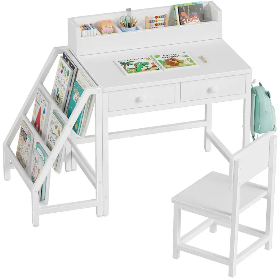 Kids Desk and Chair Set for 58 Year Old Girls Boys, Small Child Desk with Bookshelf, Children Study Table with Fabric Drawer and