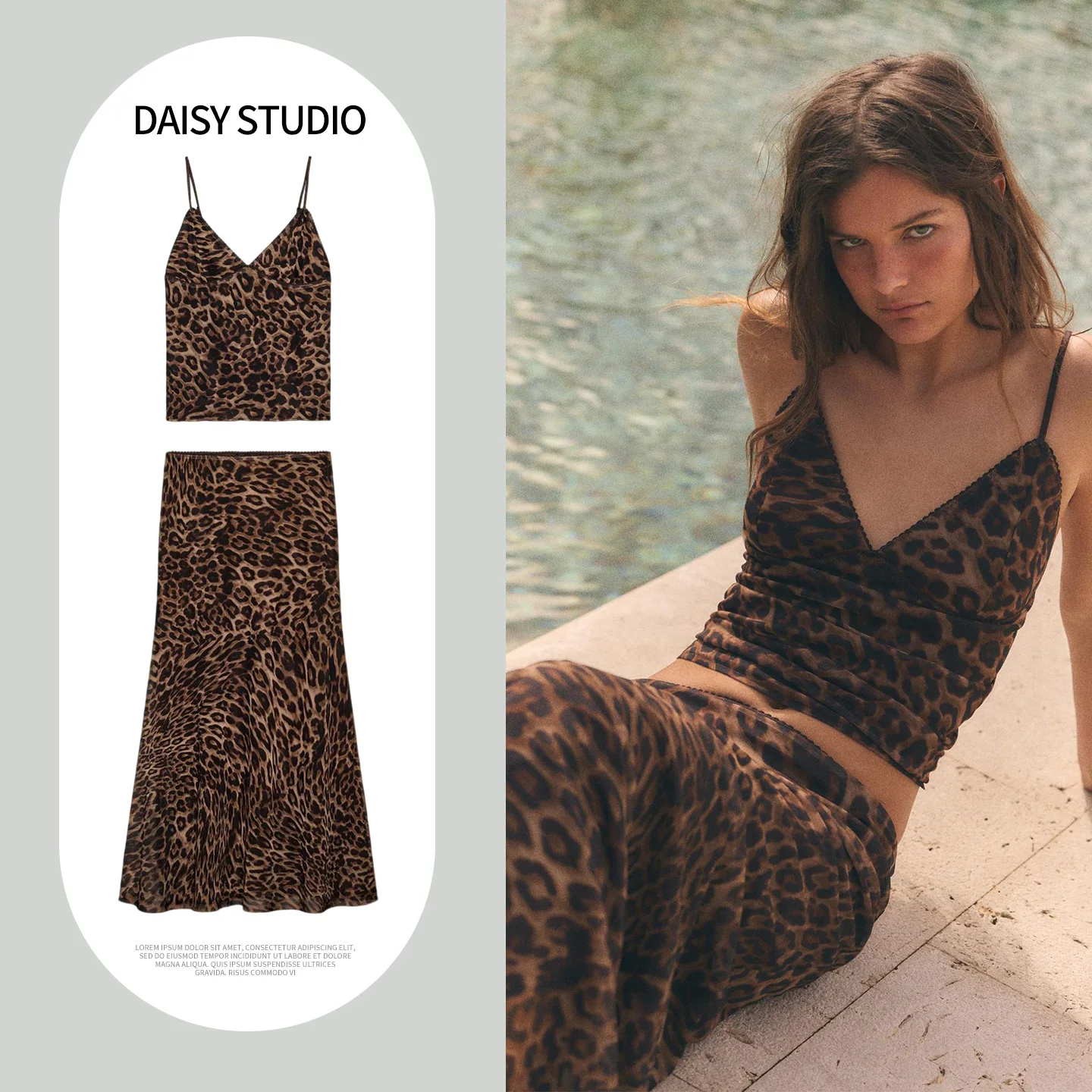 

Spring Fashion Women's V-neck Sleeveless Leopard Print Halter Top And Mid-waist Skirt Two-piece Set Short Length Casual Outfit