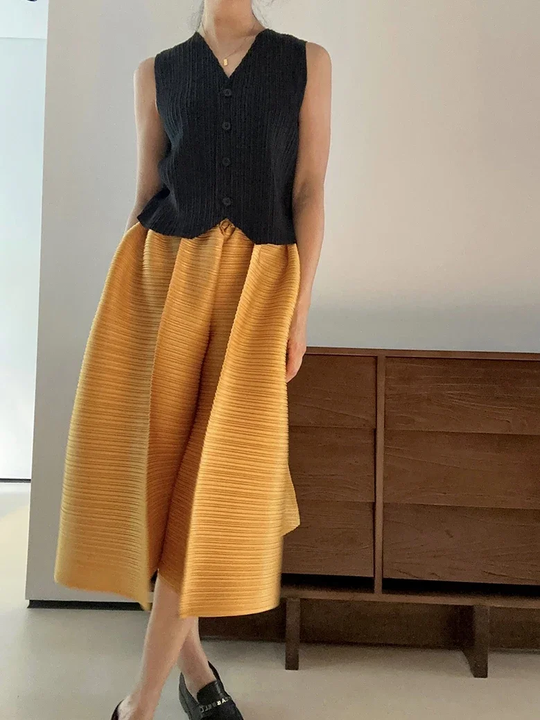 YUDX Miyake Fold Autumn New Simple Solid Color All-in-one Elastic Waist Culottes Women's Seven-quarter Wide Leg Pants