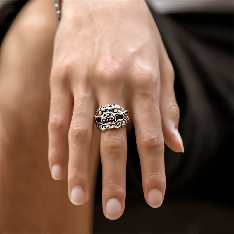 Vintage Tang Style Lion Head Ring Men Trendy Personality Open Adjustable Single Band Fashion Imitation Thai Silver Animal