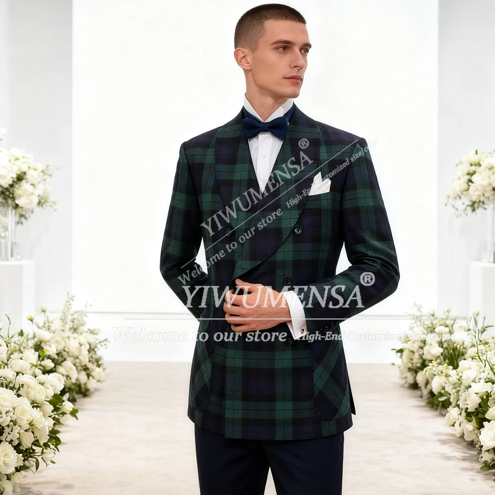 Classic Plaid Check Suits Men For Business Party Shawl Lable Blazer Pants 2 Pieces Sets British Style Groom Dinner Tuxedo Attire
