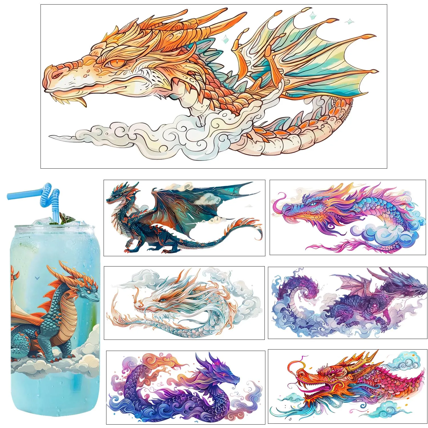 30 Style Lucky Dragon easy peel waterproof Party DIY Decals 3D transfers uvdtf tumbler seal stickers 16oz uv dtf cup wraps