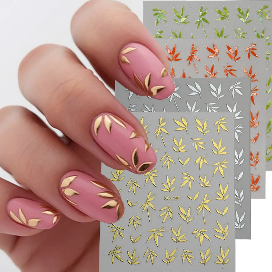 2 Stück Metallic-Blatt-Design-Nagelaufkleber, selbstklebend, 3D-Metallic, eleganter goldener silbriger Blatt-Nagelaufkleber für die Maniküre-Dekoration