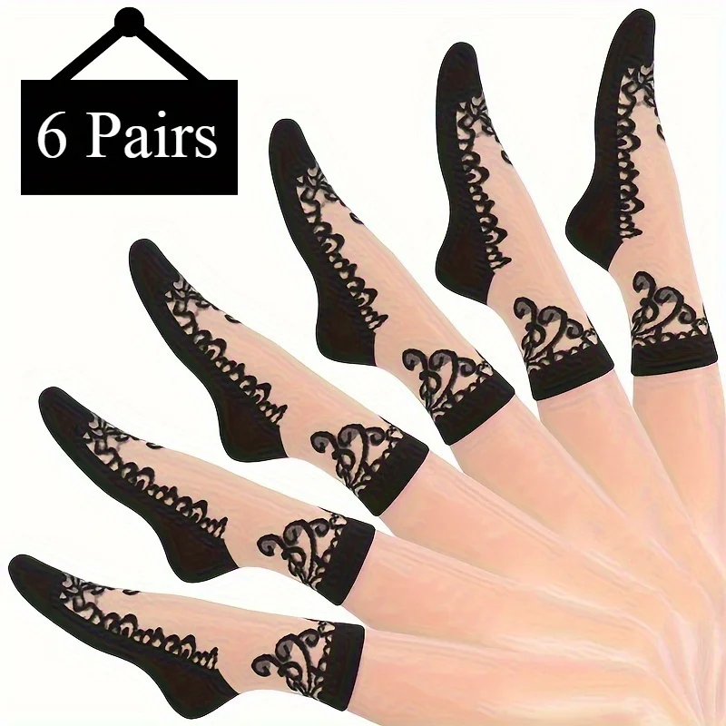 

6 пар женских черных полупрозрачных кружевных чулок, прочных, дышащих, удобных, дышащих, эластичных носков-лодочек.