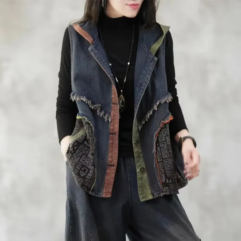 

Ladies Denim Vest Coat Spring Summer Appear Thin Retro Women's Cowboy Vest Contrasting Colors Burr Edge Lady Horse clip