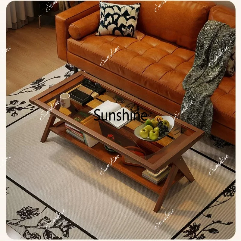 Medieval solid wood coffee table living room household small apartment rattan double-layer coffee table