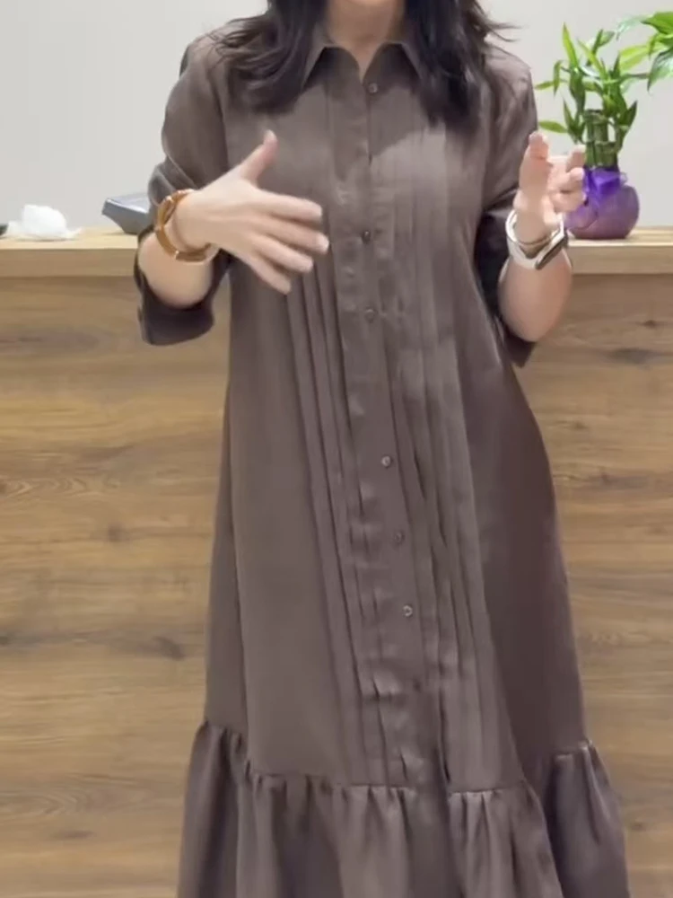 Autumn New Long Sleeve Loose Pleated Dresses Vintage Lapel Single Breasted Shirt Dress Elegant Pocket Solid Color Commute Dress
