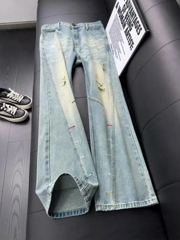 

Summer Design Sense Embroidered Blue Jeans Men's Style Side Cut Hole Straight Leg Micro Flared Pants Vintage American Style