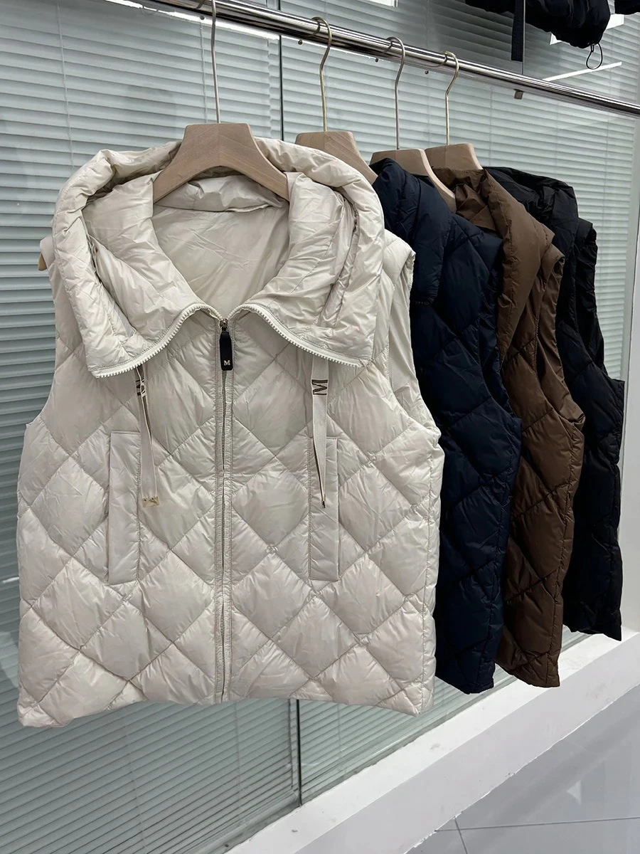 With Hood Casual Sleeveless Jacket Argyle Simple Fashionable Autumn Winter Slim Top New Women 90% White Duck Down Vest