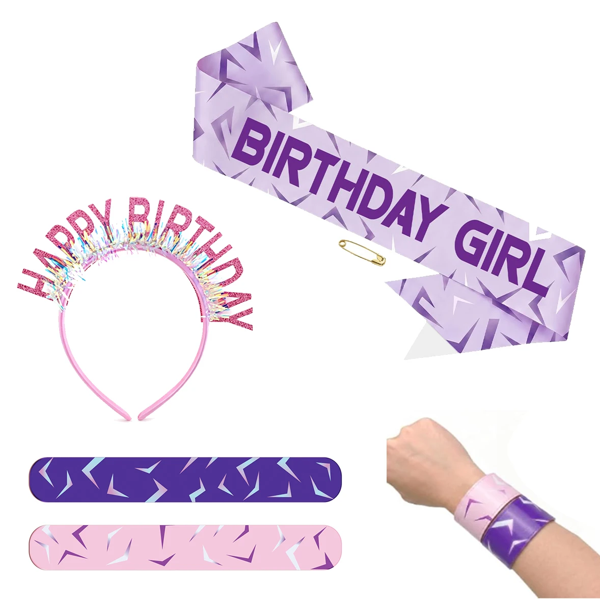 Fun Kpop Bday Queen Set: 3 Pcs Sash & Headband, Purple Lightning Party Decor with Slap Bracelet for Girls Women view 6