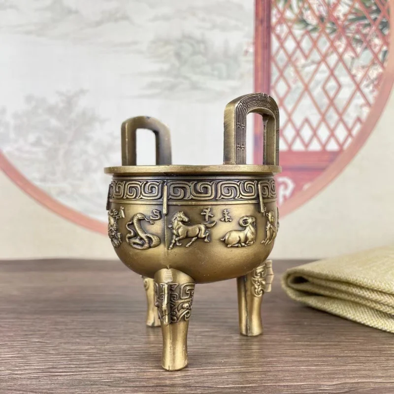 Copper Tripod Incense Burner with Zodiac Signs, Round Three-Legged Retro Desktop Ornament for Home Use