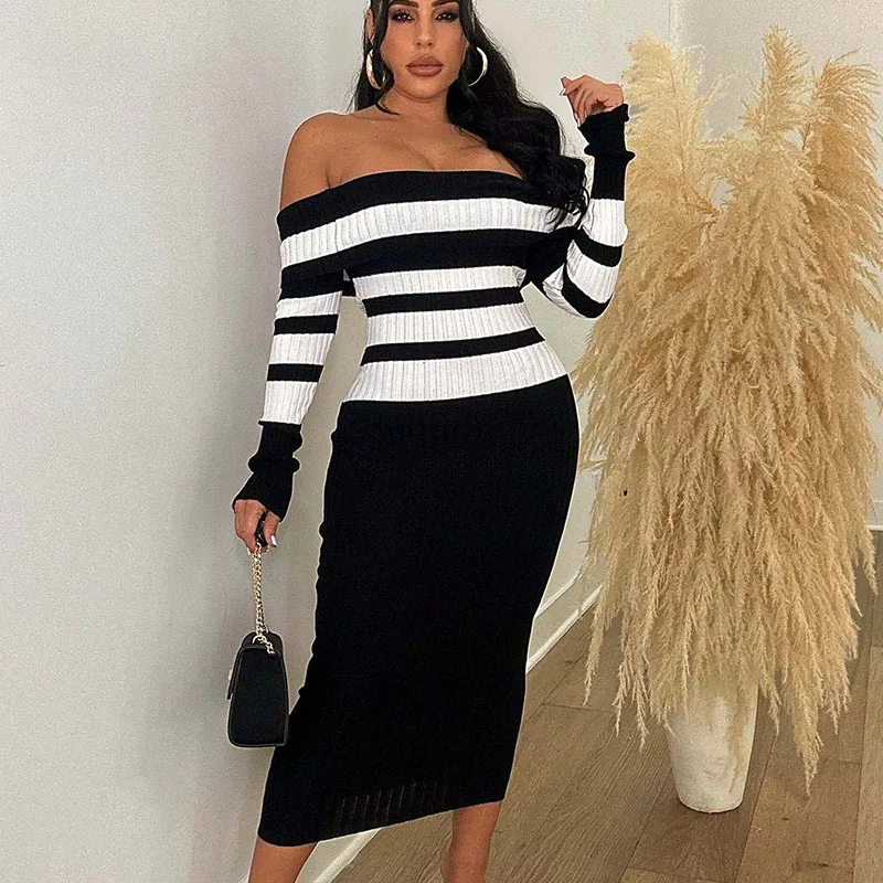 Elegant Knit Striped Maxi Dress Women Autumn Winter Sweat Long Sleeve Off The Shoulder Slash Neck Bodycon Party Dresses Clubwear