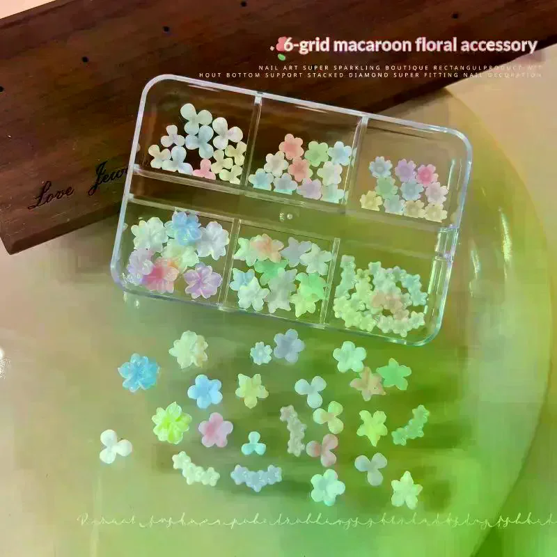 Cute 3D Pastel Macaron Flower Nail Art Charms With 6 Grid Storage Box Perfect For DIY Nail Design Home Salon Use