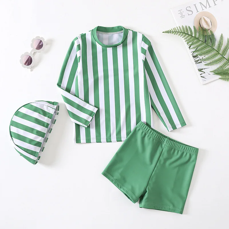 

Boys Summer Three-piece Swimsuit Kids Casual Striped Long Sleeve Sun-protective Surfing Suit Swimwear Baby Bathing Costume