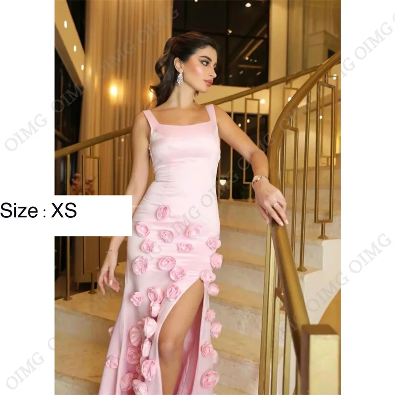 OIMG Pink Strapless Satin Mermaid Graduation Evening Dress for Wmoen Elegant Side Slit 3D Flowers Prom Party Gown Floor Length