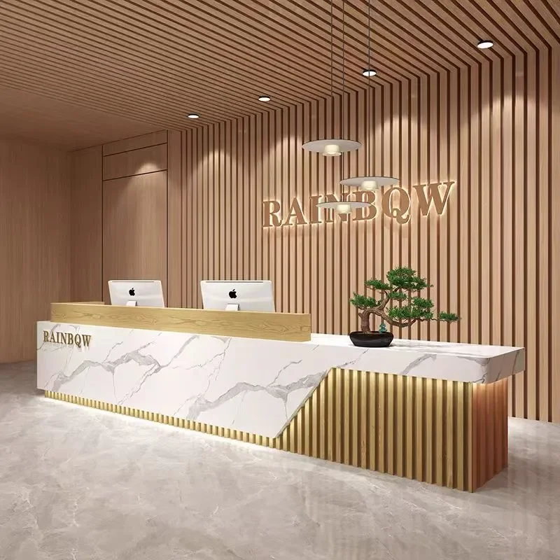Modern Chinese Style Hotel Lobby Reception Desk Log Color Checkout Counter for Beauty Salon Bar Training Table Desktop