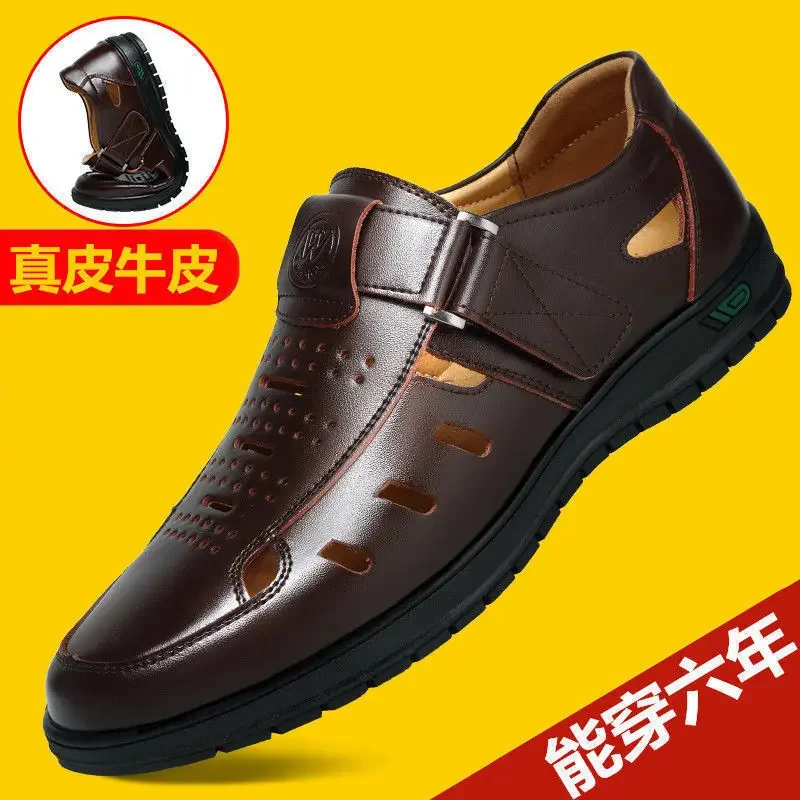 Men Genuine Leather Sandals Summer Breathable Casual Shoes for Man Slip on Clogs Outdoor Non Slip Hand Made Sandalias image 3