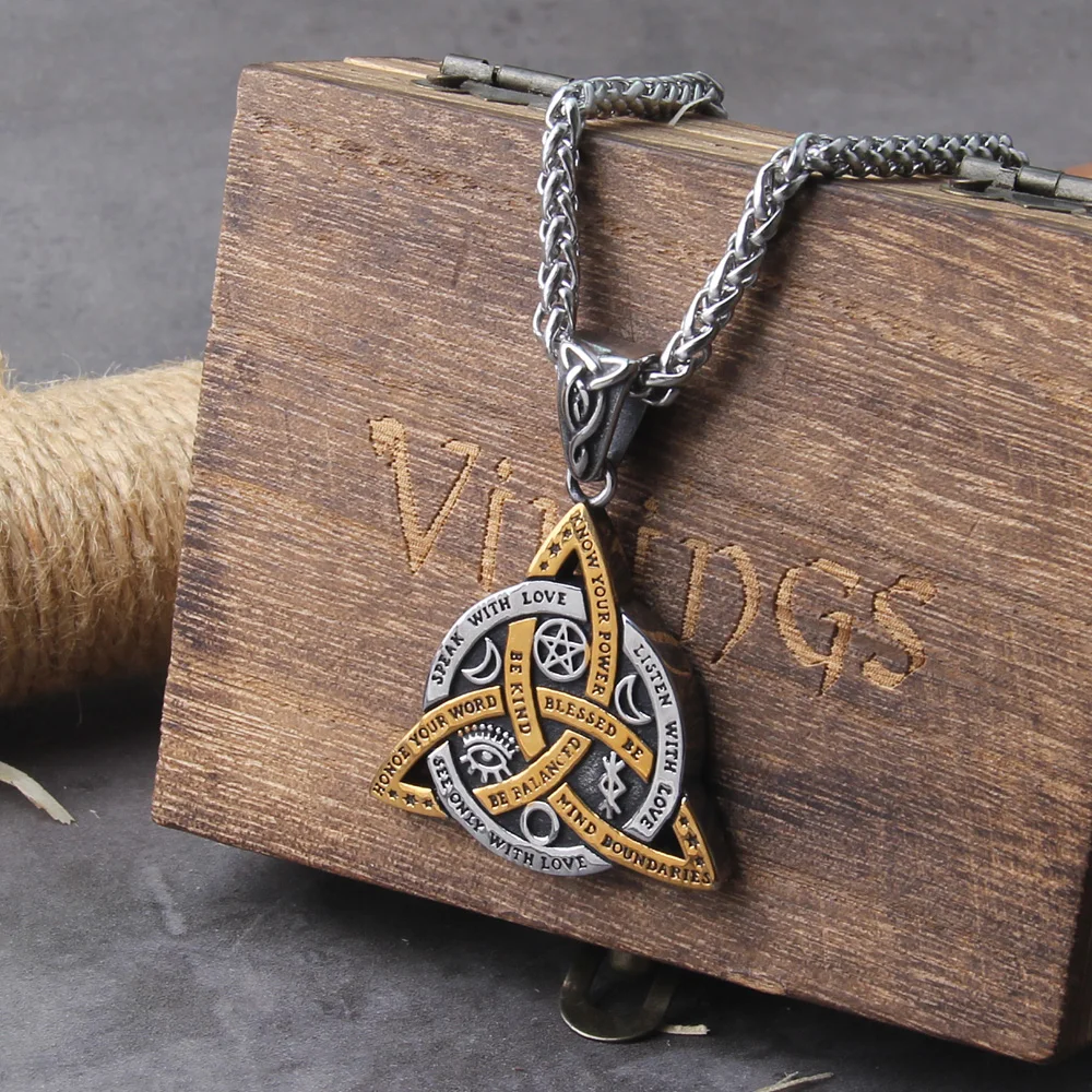 🔺 Wiccan Trinity Pendant Necklace – Stainless Steel Viking Amulet with Wooden Box 3
