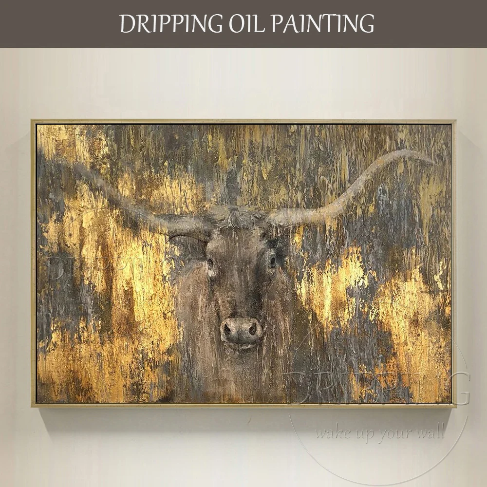 

Pure Hand-painted Longhorn Oil Painting on Canvas Modern Wall Art Animal Gold Bull Acrylic Knife Painting for Living Room Decor