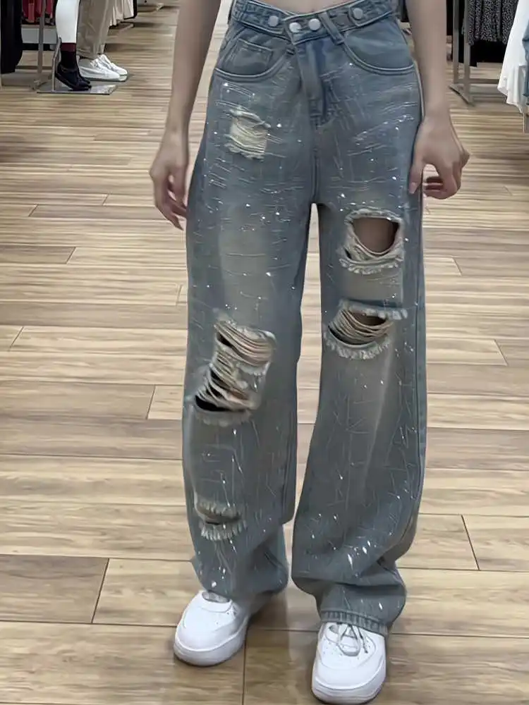 Zomer dames gescheurde diamanten jeans mode hoge taille losse wijde pijpen broek oversized vrouwelijke denim broek S-3XL