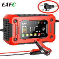 EAFC 15A Car Battery Charger Large Screen Display Pulse Repair Charger for Auto Moto SUV Lithium AGM Lead Acid GEL LCD Display