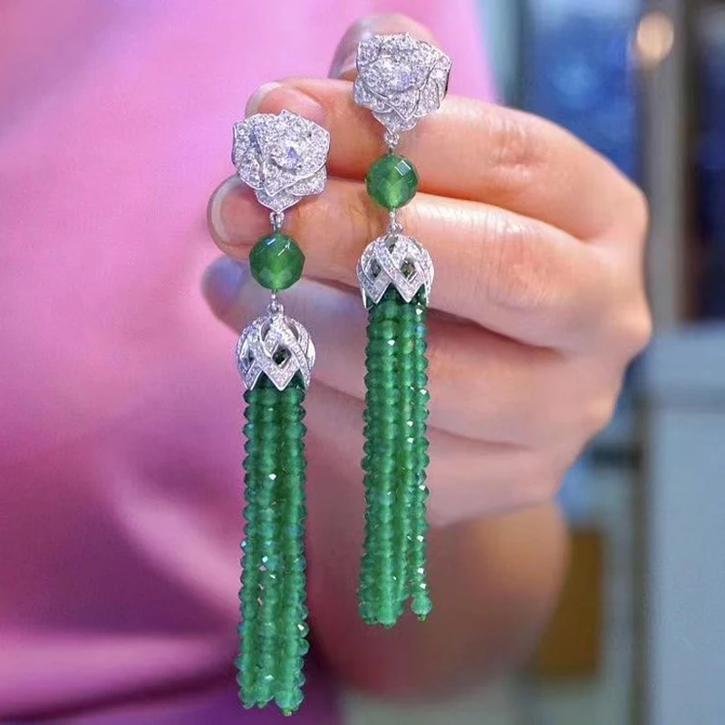 Green Agate Tassels Earrings For Women Fine Jewelry Party Female Gift 925SterlingSilver With Flower Cubic Zirconia Free Shipping