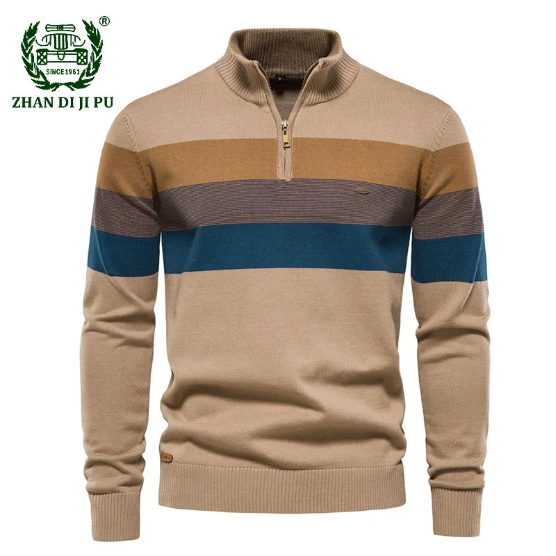 

Men's Patchwork Pullover Sweater Vintage Half Zipper Stand Collar Jumper Fashion Classic Casual Cotton Warm Sweaters For Male