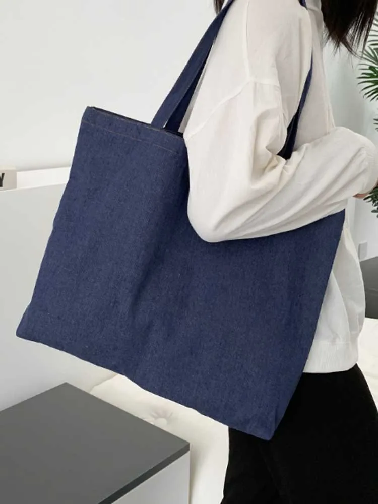 Solid Color Simple Women's Shoulder Bag Large Capacity Portable Ladies Shopping Bag Retro Denim College Girls Book Tote Handbags