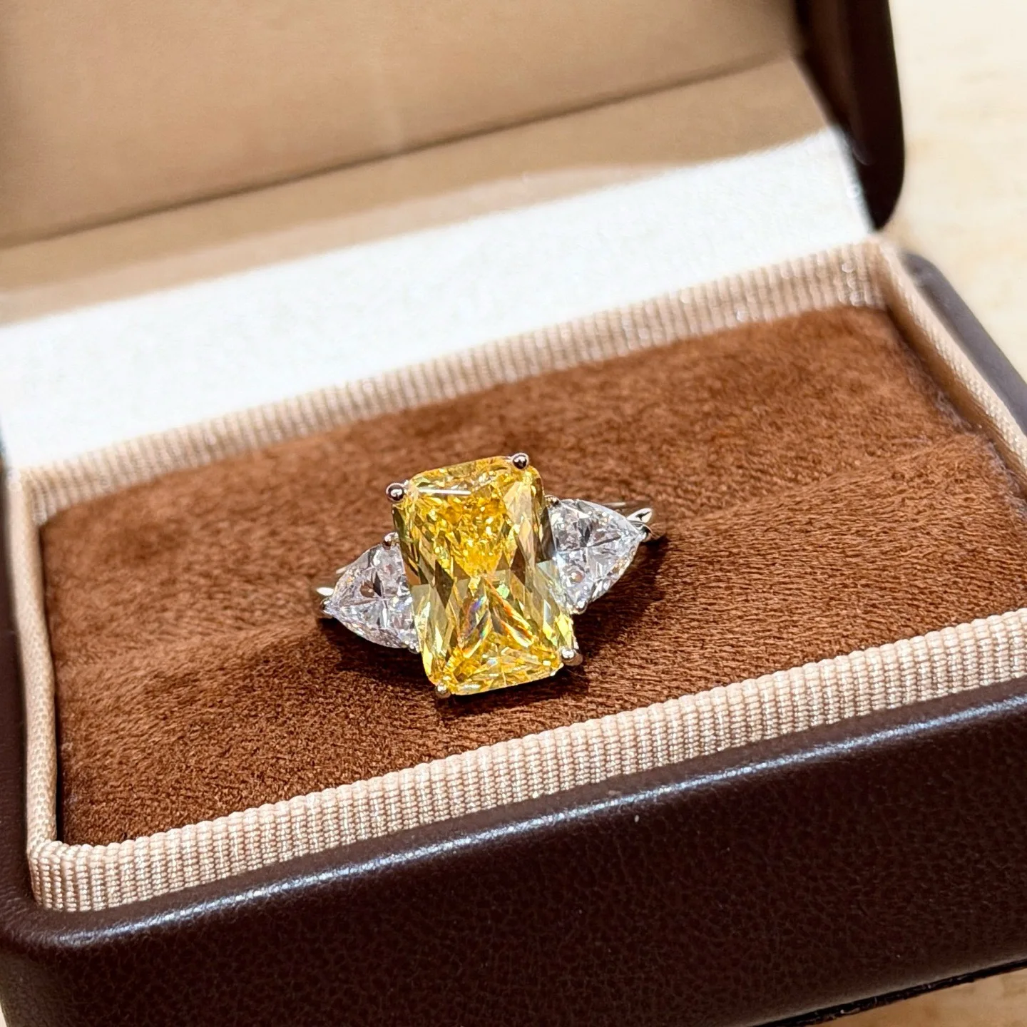 Trendy Real 925 Sterling Silver Cocktail Ring For Women Yellow Radiant Cut Three Stone Rhodium Plated Luxury Fine Jewelry