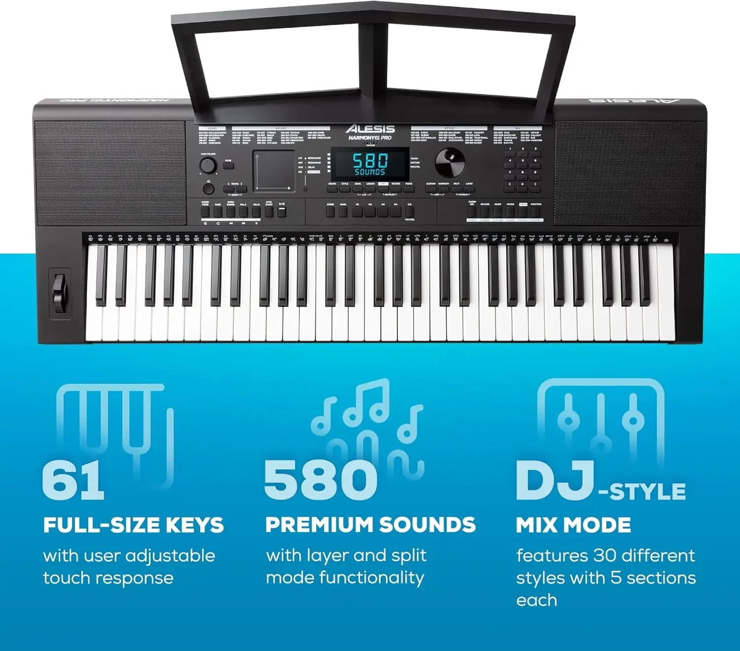 61 Pro - 61 Key Keyboard Piano with Adjustable Touch Response, USB Midi, 580 Sounds, X/Y Performance Touchpad with DJ-Style FX