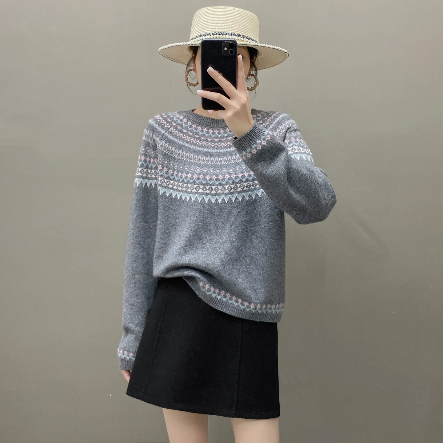

Winter Women's 100% Cashmere Sweater Casual Jacquard Knitted Bottom Blouse Loose Round Neck Tops Thickened Warm Jumper