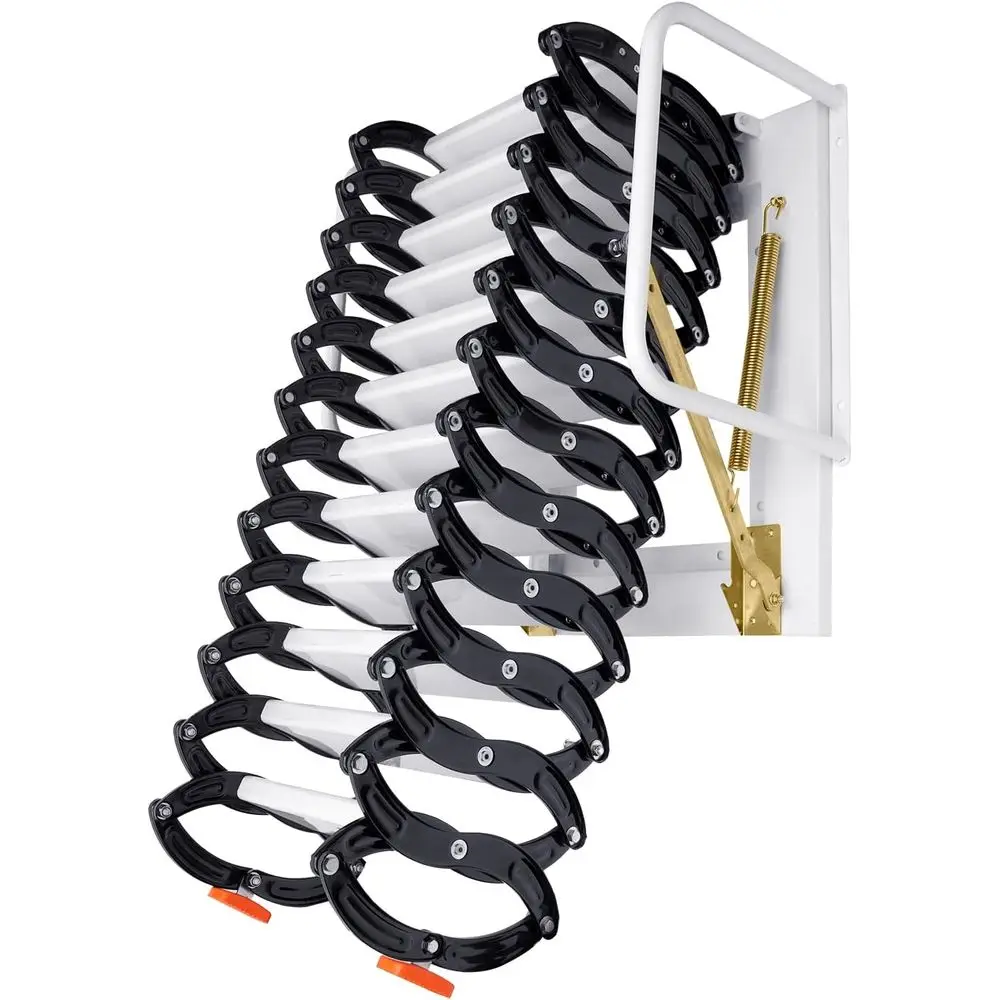 

12-Step Folding Ladder with Handrails, Retractable Telescoping Attic Staircase for Home Use (Black)