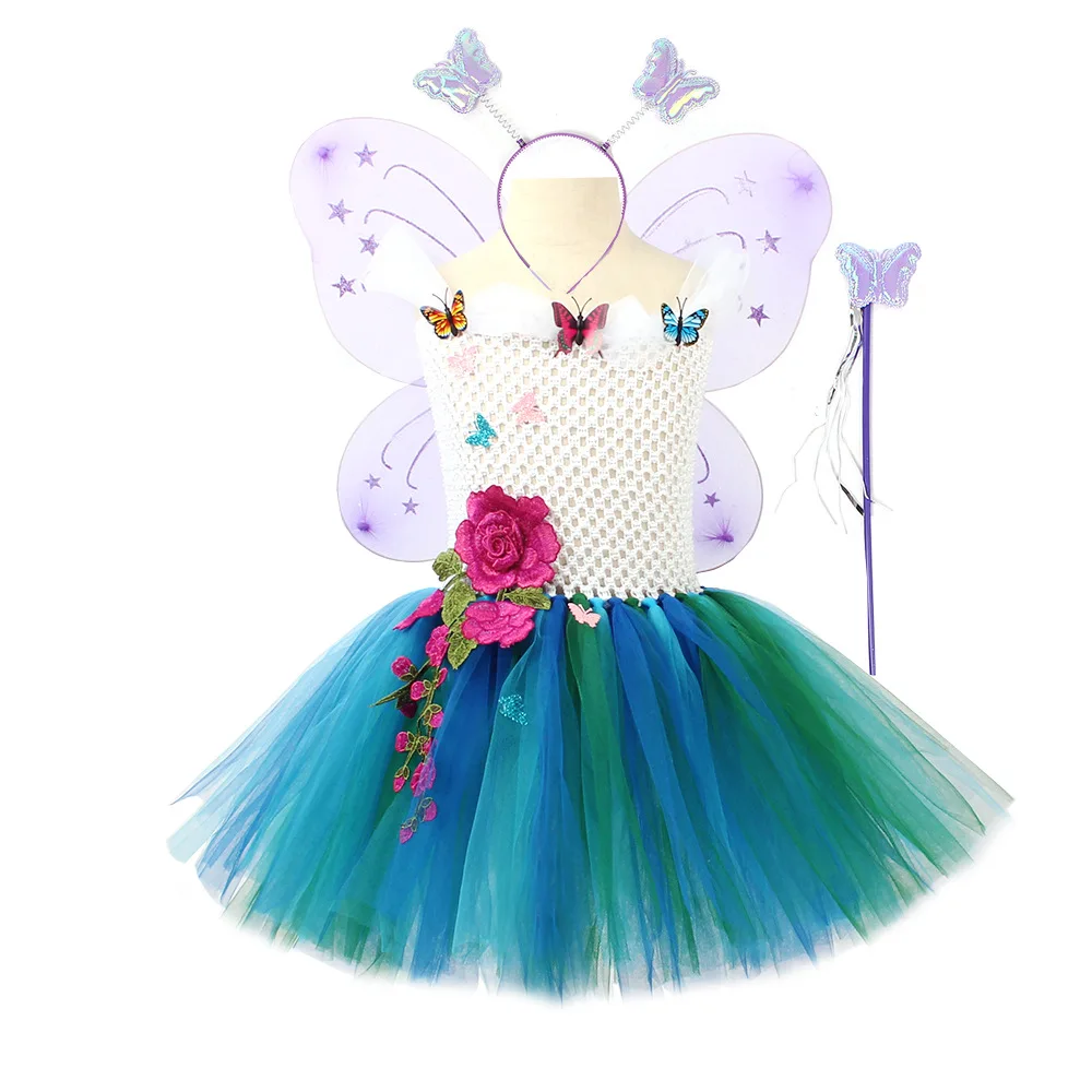 Butterfly Floral Tulle Tutu Outfit Mesh Princess Dress Set Floral Printed Flowy Skirt With Decorative Wings For Birthday Wear