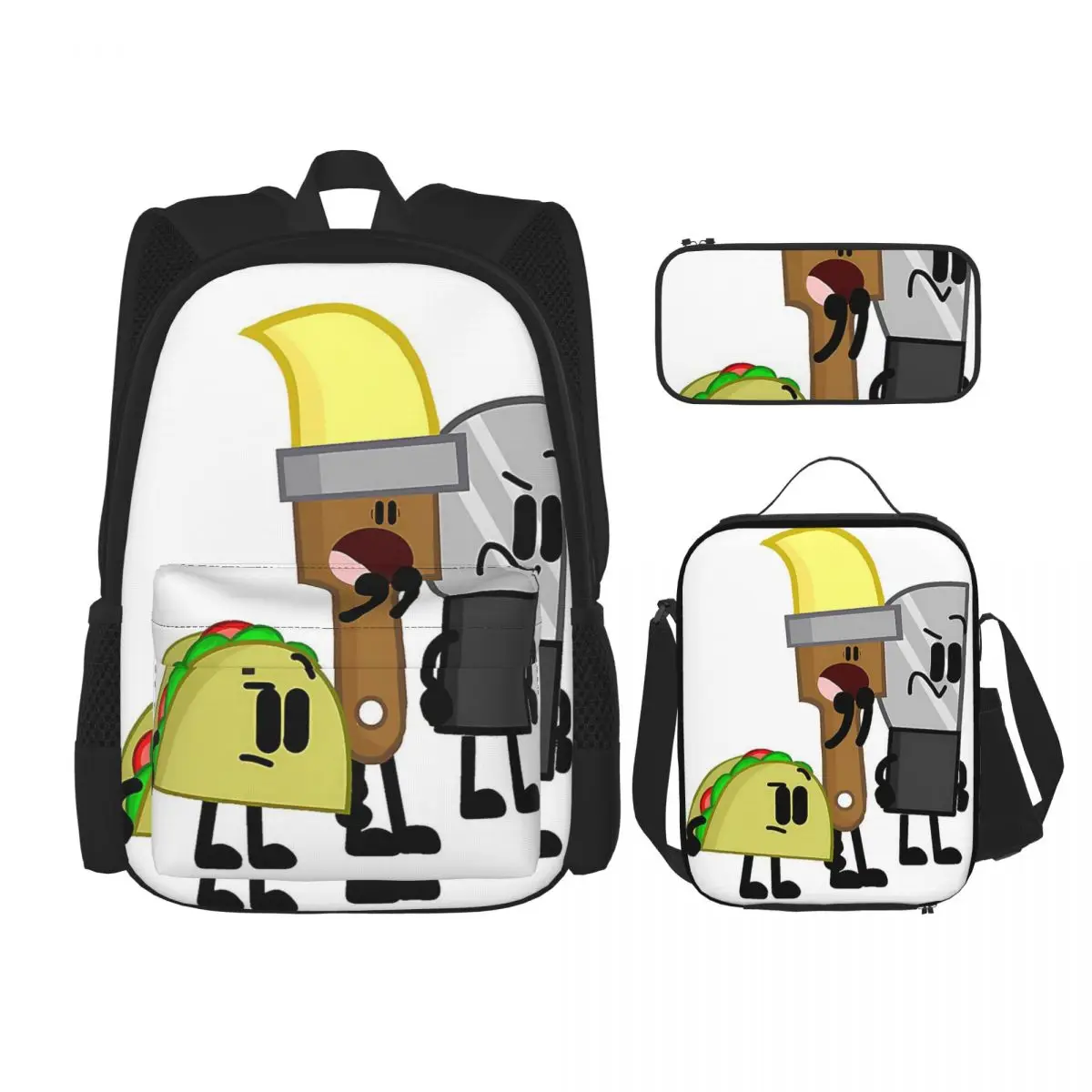 BFDI Inanimate Insanity , All Characters 4 Backpacks Boys Girls Bookbag School Bags Rucksack Lunch Bag Pen Bag Three-Piece Set