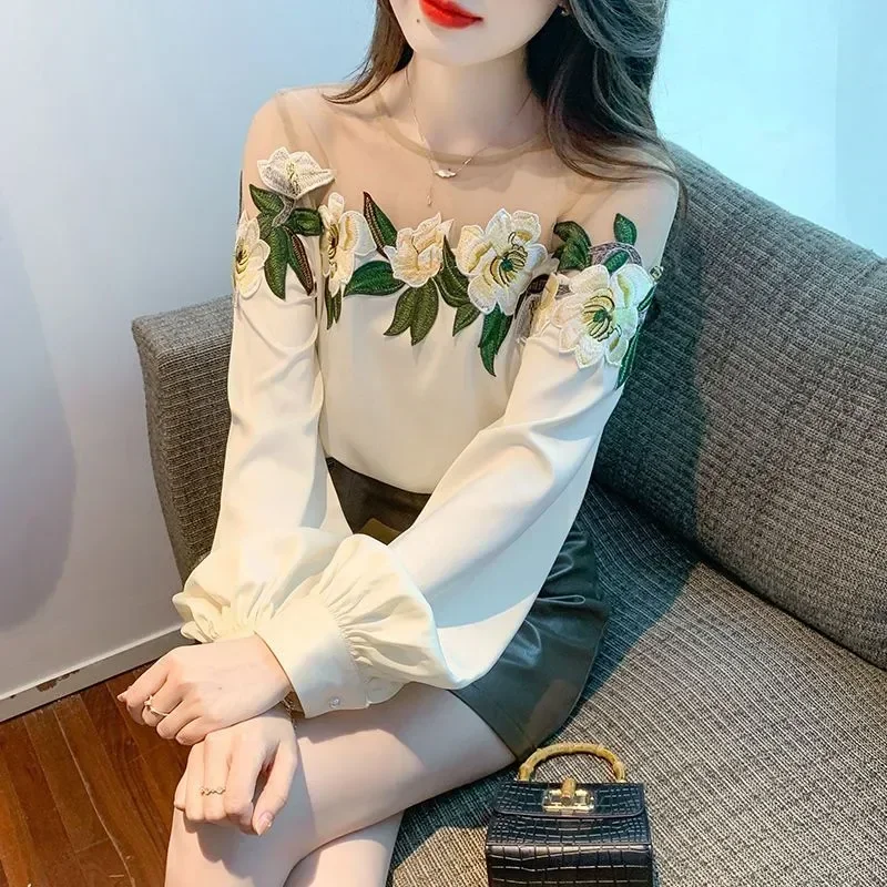 

Floral Print Patchwork Stain Shirt Spring Summer Fashion Blouse 2023 Korean Style Elegant Lace Long Sleeve Shirt for Female