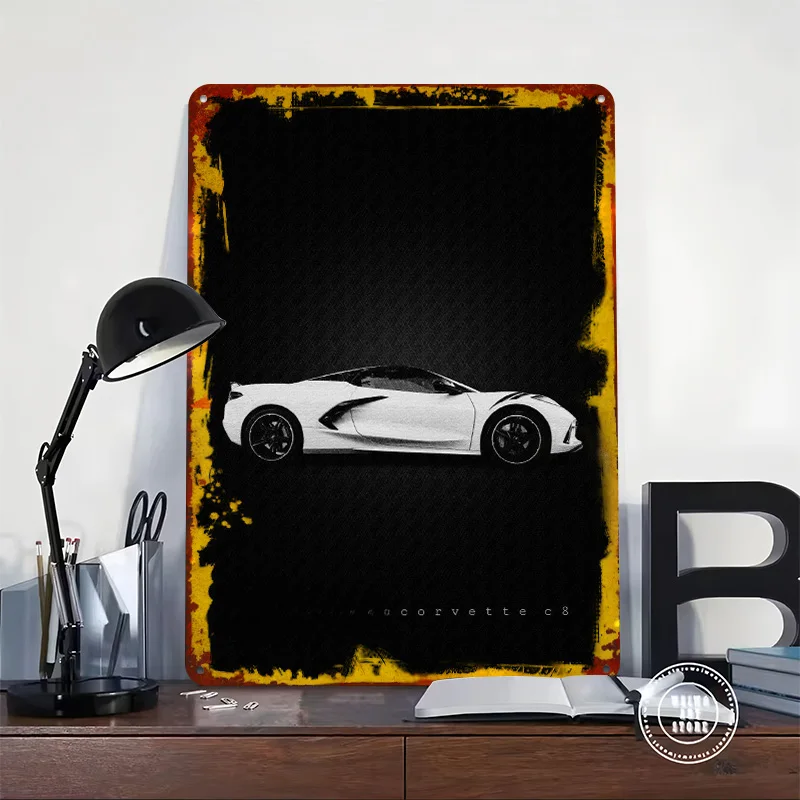 Sports Car Corvette C8 Metal Poster Customized Wall Art Retro Vintage Tinplate Signs for Home Decor Living Room Wand Deko House