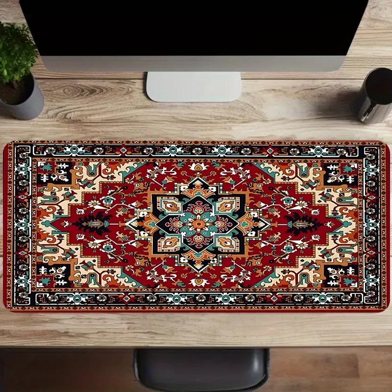 Bohemian Style Large Gaming Mouse Pad Antique Persian Rug Pattern 900x400 Non-Slip Rubber Base Stitched Edges PC Desk Accessory