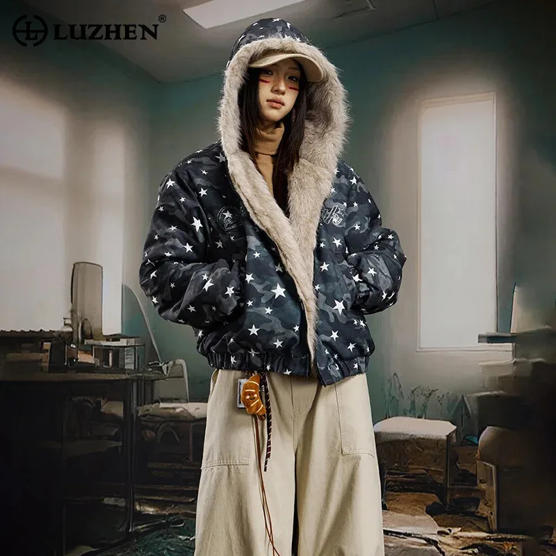 

LUZHEN 2025 зимняя оригинальная утепленная парка из искусственного меха с капюшоном, женская и мужская уличная одежда, стеганое пальто JY5065