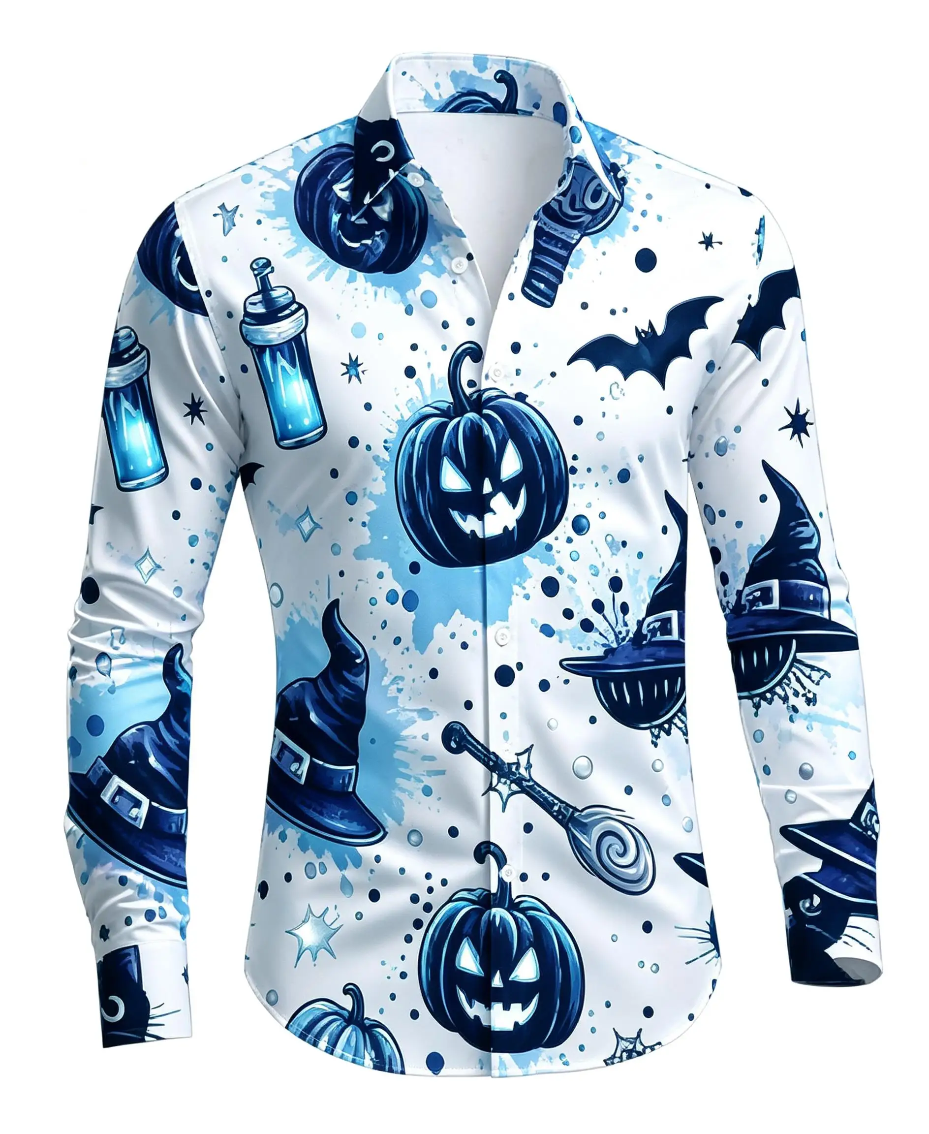 Halloween Men Lapel Collar Shirt White Base Purple Pumpkin Broom Graphic Polyester Long-Sleeve Blouse