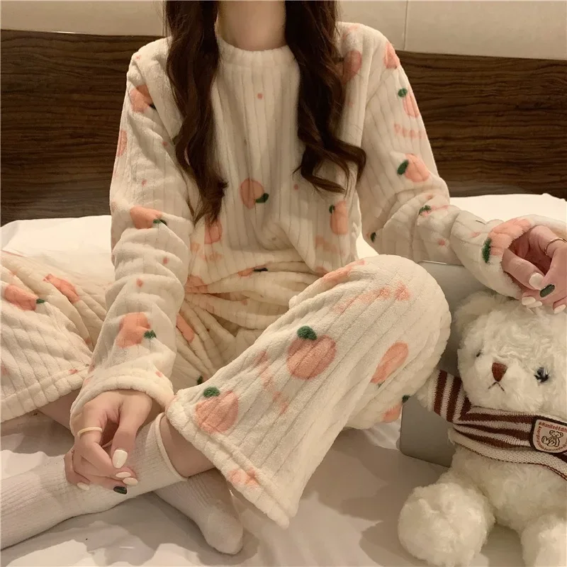 Conjunto de pijamas kawaii de 2 peças para mulheres, roupa de flanela grossa, manga comprida, pijamas dos desenhos animados, terno quente feminino,