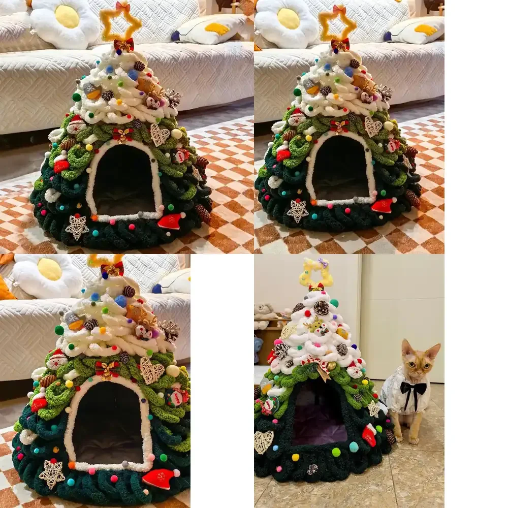 Customized Winter Warm Cat Igloo Bed Breathable Small Pet Nest Christmas Tree Print Washable Plush Cloth Dog Sleeping