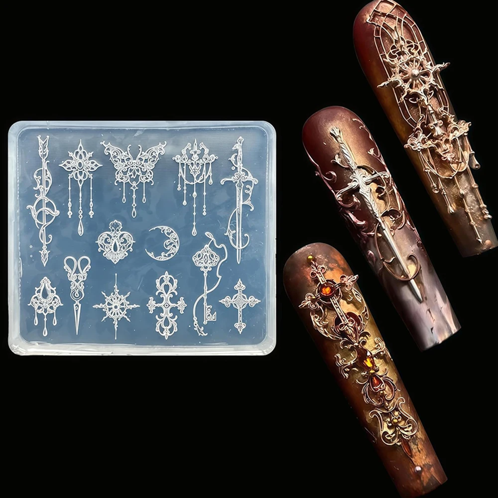 3D Baroque Pattern Gel Nail Art Mold Butterfly Moon Resin Sword Molds for Manicure Accessories Supplies Arrow Silicone Mold