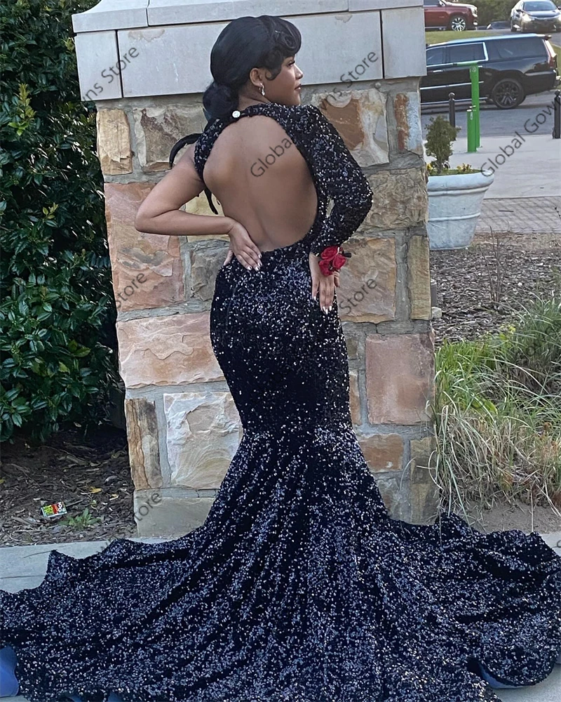 Black O Neck Sequined Long Prom Dresses Bead Crystal 2024 Birthday Luxury Dress Feather Evening Dresses With One Sleeve Back Out