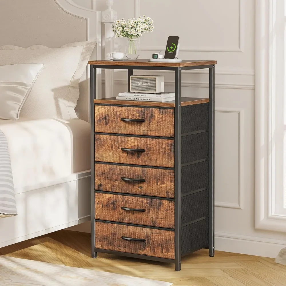 5 Drawers Dresser with Charging Station, Dresser for Bedroom, Tall Night Stand, Chest of Drawers with Open Shelf, Bedside Table