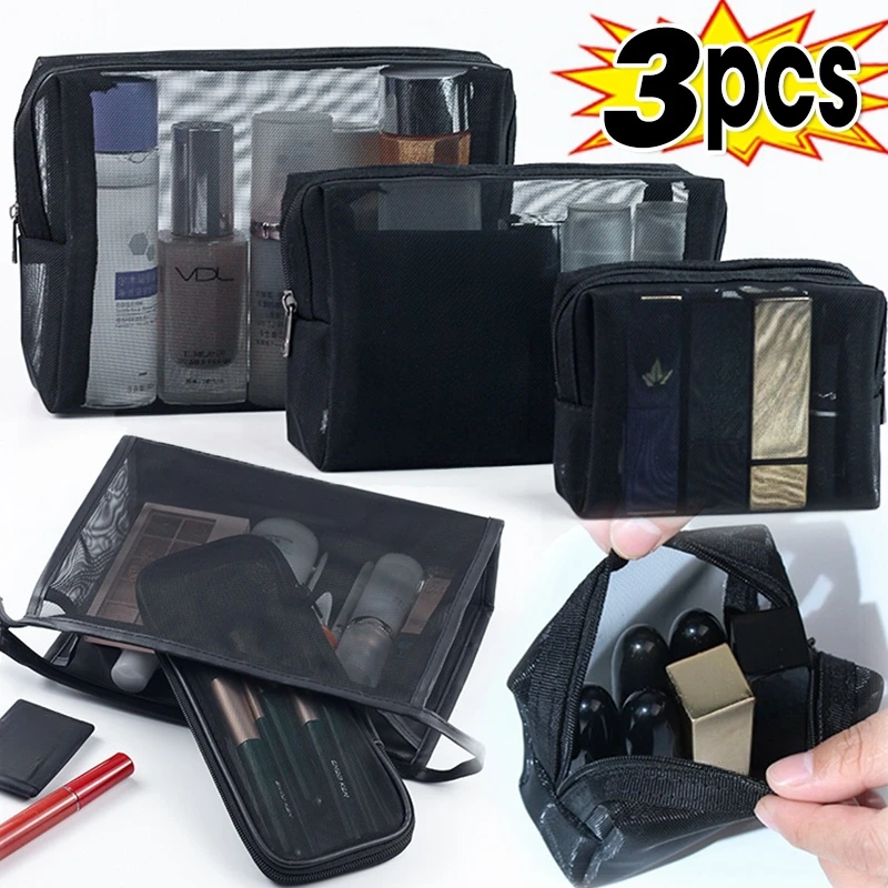 Bolsa de maquillaje de malla negra transparente para mujer, bolsa de cosméticos pequeña y grande, bolsas de almacenamiento portátiles, artículos de