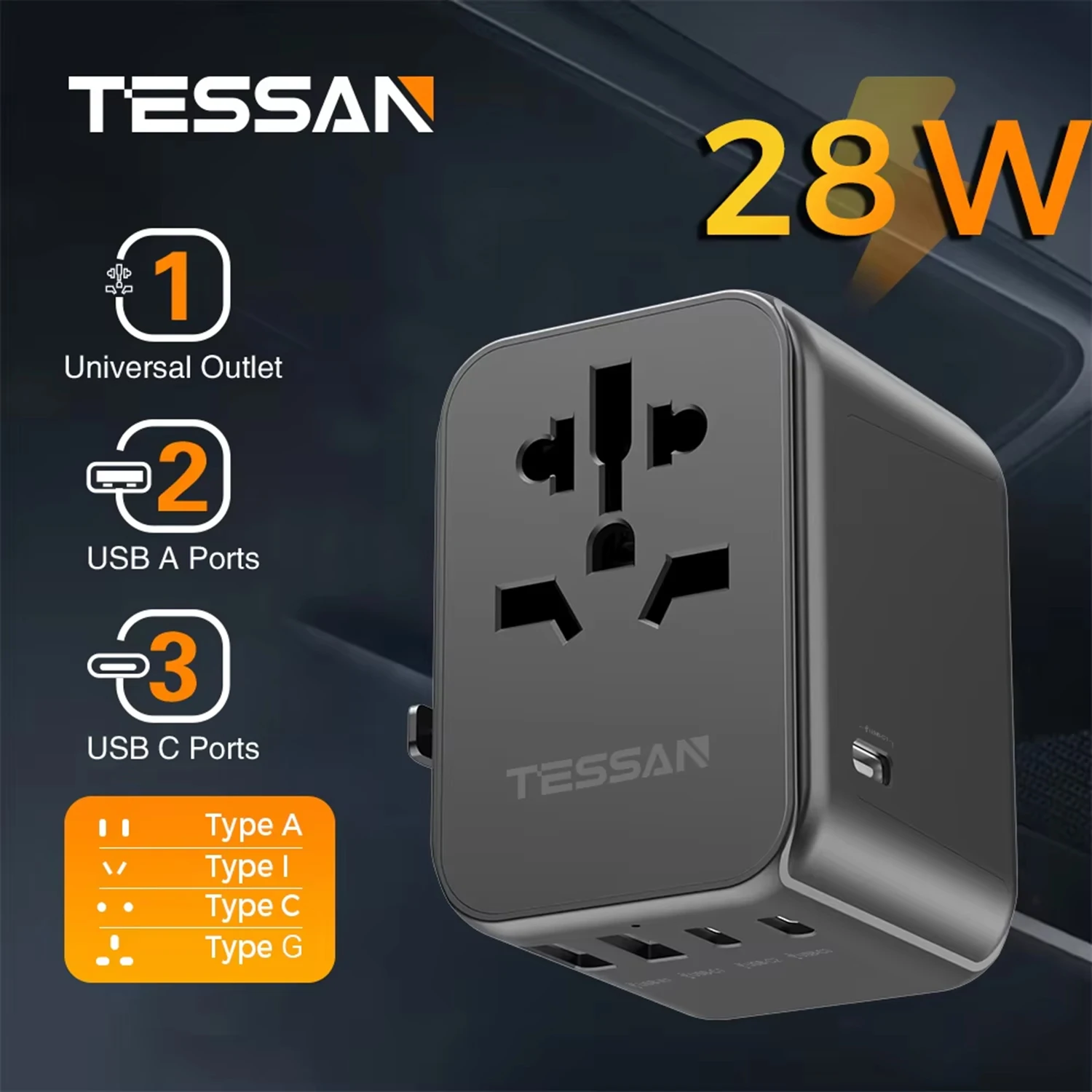 TESSAN 65W/28W GaN internationale reisadapter met USB & Type C GaN snellaadadapter met EU AU US UK stekker voor op reis