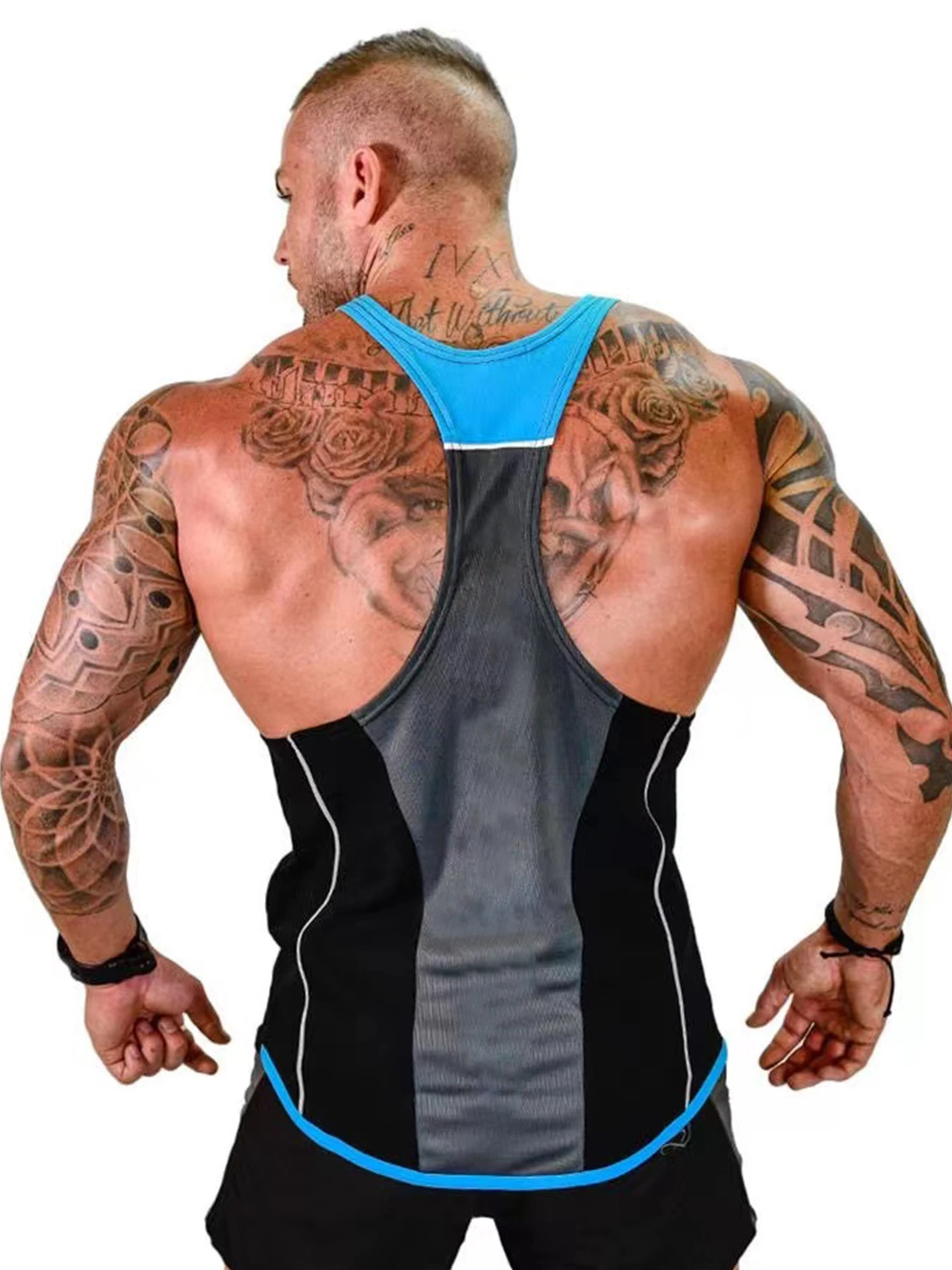 Sports vest, men's fitness quick drying vest, muscle iron, American style stretch splicing, running narrow shoulder racerback ve